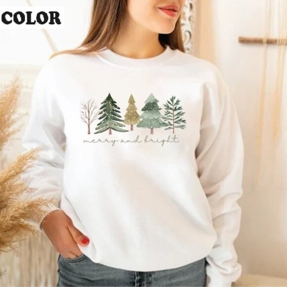 Merry And Bright Trees Christmas Sweatshirt Chic Winter Festive Pullover 05 - Picture 1 of 5